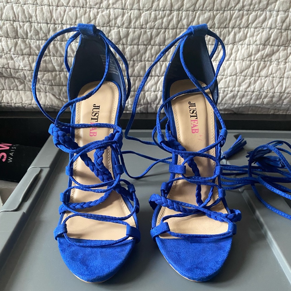 JUSTFAB royal blue strap oh ankle wrap with braid accent heels. US 6